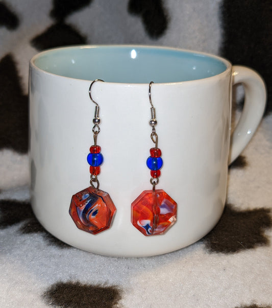 Red and blue dangling earrings
