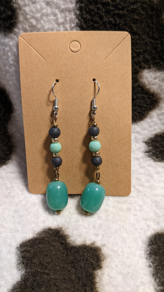 Green black and gold dangling earrings
