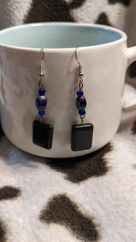 Black and dark blue dangling earrings