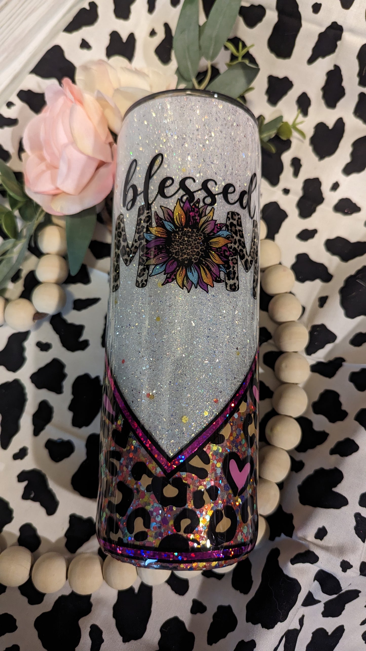 20 oz epoxy blessed mom with a fun heart and cheetah print tumbler