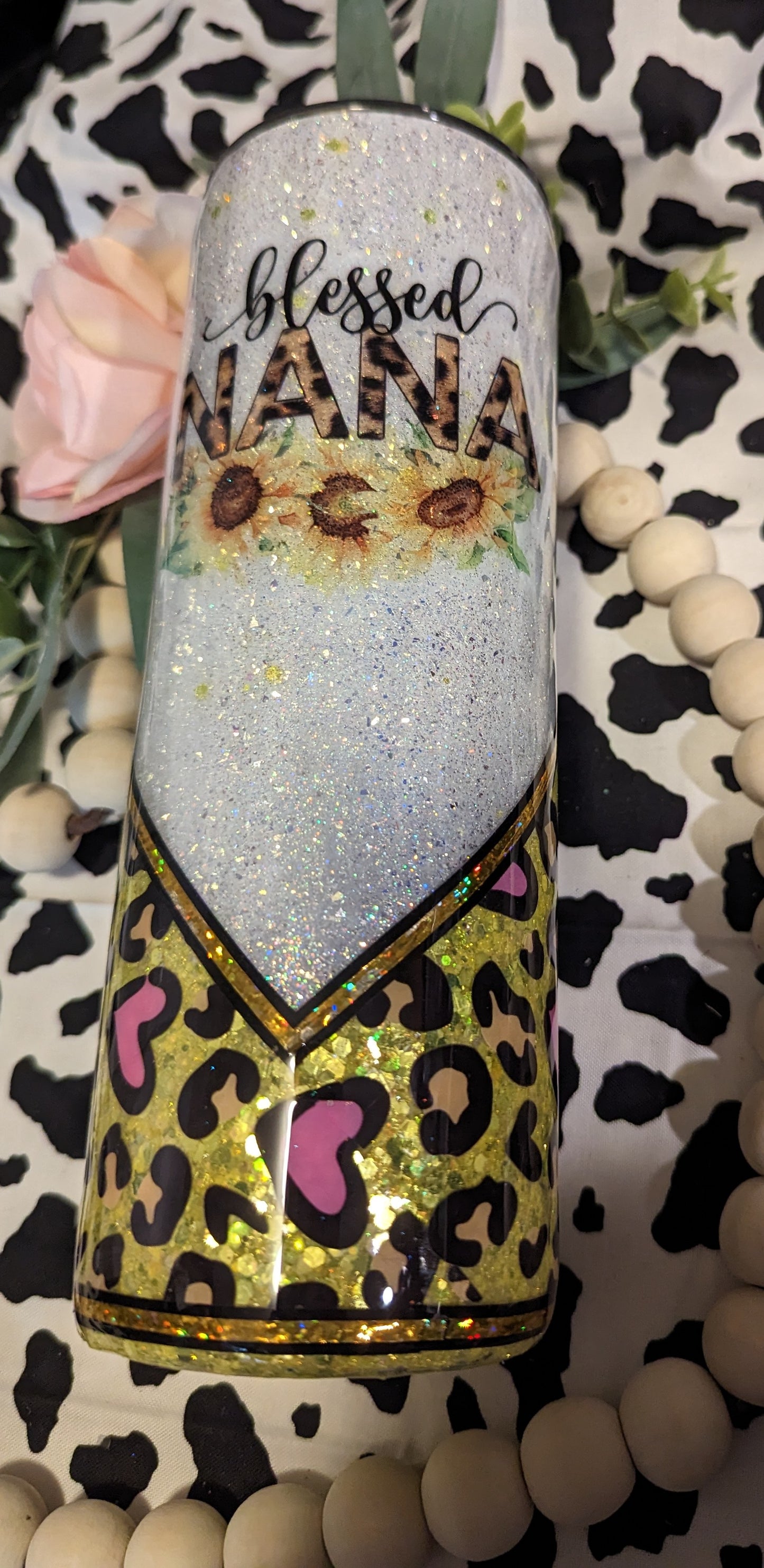 20 oz epoxy blessed nana with a fun heart and cheetah print tumbler