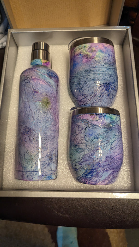 Set of 2-12 oz blue green and purple swirl epoxy wine tumblers with 17 oz epoxy wine bottle